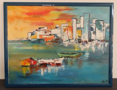 painting of a painting of a boat in a body of water with a city in the background