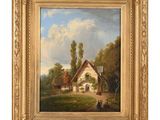 un tableau représentant une scène de campagne avec une maison en arrière-plan