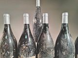 bottles of wine are lined up on a shelf in a row
