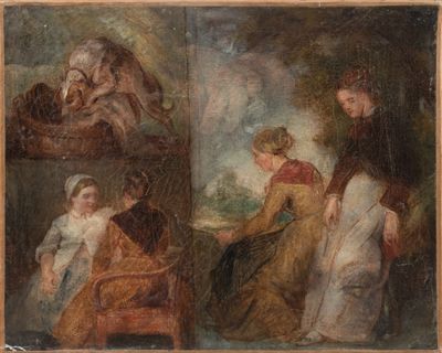 two paintings of a woman and two children in a wooded setting