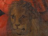 an oil painting of a lion with a red hat on it ' s head