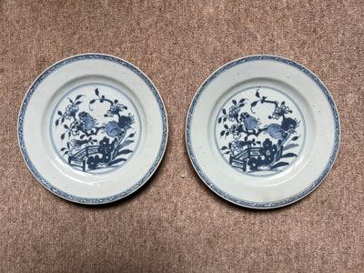 deux assiettes bleues et blanches ornées de fleurs et d'oiseaux