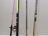 three different types of fishing rods are lined up against a wall