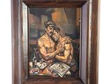 tableau représentant un homme et une femme assis à une table avec une bouteille de bière
