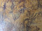 a drawing on the wall of a building with people in it
