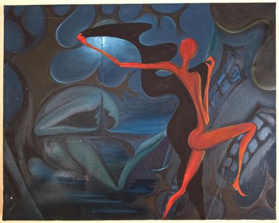 a painting of a woman in a red bodysuit