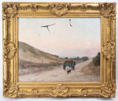 tableau représentant deux personnes marchant sur un chemin de terre, avec un cerf-volant dans le ciel