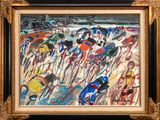a painting of a group of people riding bicycles down a road