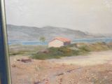an oil painting of a house in a field by the ocean