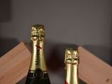two bottles of champagne sitting next to each other on a table