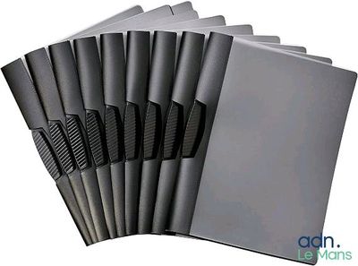 six black notebooks lined up on top of each other on a white surface