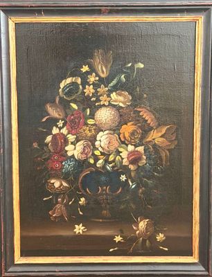 une peinture à l'huile représentant un vase de fleurs sur une table
