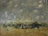 une image d'un tableau représentant un groupe de personnes sur une plage