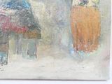 un tableau représentant une femme assise à une table avec des fleurs dans un vase