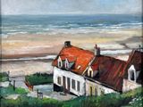 an oil painting of a house on the beach with a red roof