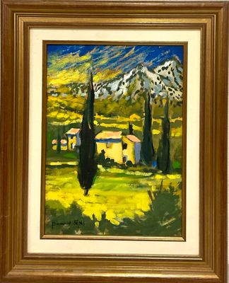 une image d'une peinture représentant une maison et des arbres dans un champ
