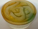 un bol jaune orné d'un serpent, posé sur un fond blanc
