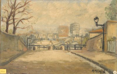 peinture représentant une scène de rue avec un pont et des bâtiments en arrière-plan