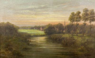 peinture représentant un paysage avec une rivière et une église au loin