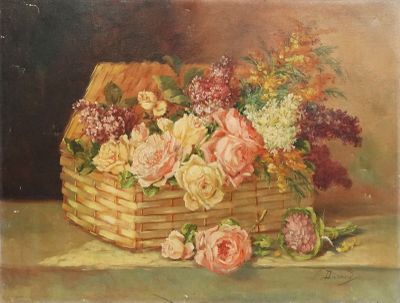 une peinture représentant un panier de fleurs sur une table