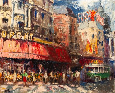 an oil painting of a city street scene with a bus and people