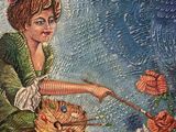 a painting of a woman holding a basket of flowers