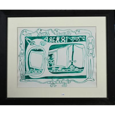 tableau encadré représentant un dessin en vert et blanc d'un train