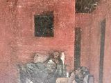 a painting of two people sitting on a couch in a room