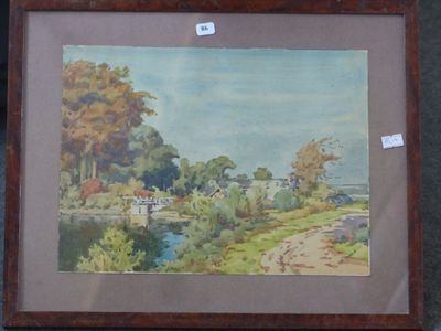 aquarelle encadrée représentant un paysage avec une rivière et des arbres