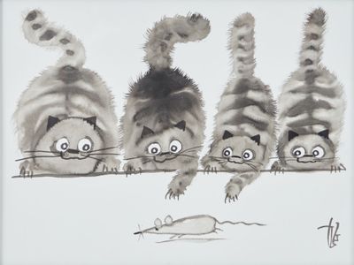 un dessin représentant un groupe de chats jouant avec une souris