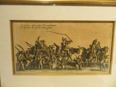 tableau représentant un groupe d'hommes à cheval, avec un cheval tiré par un homme monté à cheval
