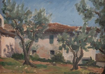 peinture représentant une maison et des arbres devant un ciel bleu