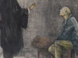 a drawing of a man sitting in a chair talking to another man