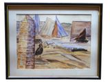 framed watercolor painting of sailboats on the beach by a brick wall