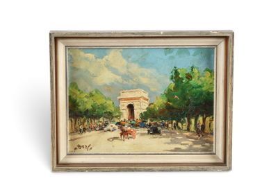 une peinture à l'huile représentant une calèche tirée par des chevaux dans une rue