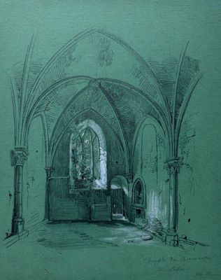 un dessin représentant une église avec une horloge accrochée au mur