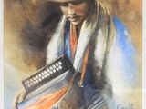 painting of a man in a hat playing an accordion