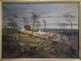 une peinture à l'huile représentant une bataille, avec un groupe d'hommes au premier plan