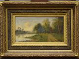 an image of a painting of a river with trees in the background