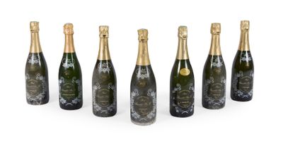 six bottles of champagne in a row on a white background