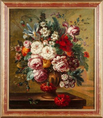 une peinture à l'huile représentant des fleurs dans un vase sur une table