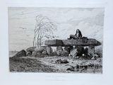 dessin représentant une femme assise sur un banc en pierre au milieu d'un champ