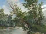 a picture of a painting of a river in the woods
