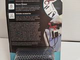 packaging of a black and white device with a blue label on it