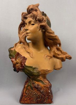 Buste de jeune fille "CHRYSIS" Art Nouveau, sujet en terre c…