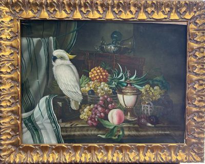Nature morte au Cacatoès et aux corbeilles de fruits, huile …