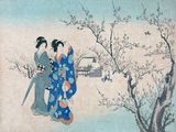 une image représentant deux femmes en kimono debout devant un arbre