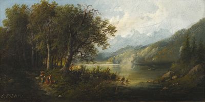 peinture représentant un paysage avec une rivière et des montagnes en arrière-plan