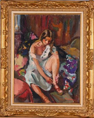 an oil painting of a woman in a white dress sitting on a couch