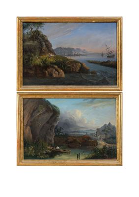 two paintings of a rocky coast with a ship in the distance and a man on a boat in the distance